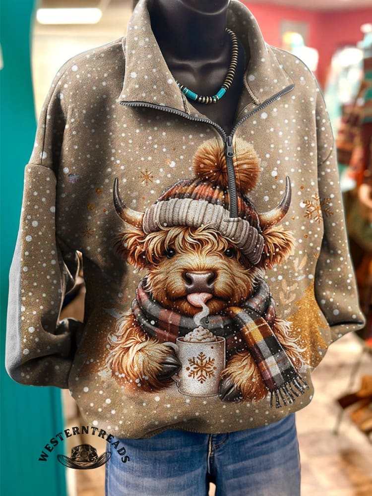 Winter Christmas Highland Cow Print Casual Sweatshirt
