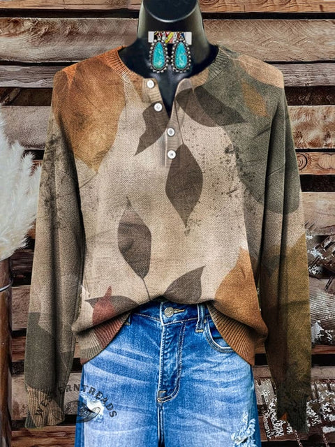 Fall Art Print Buttoned Cardigan Sweater