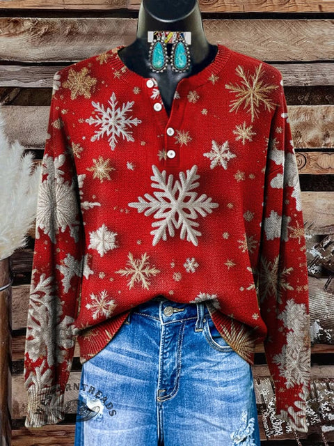 Snowflake Print Buttoned Cardigan Sweater