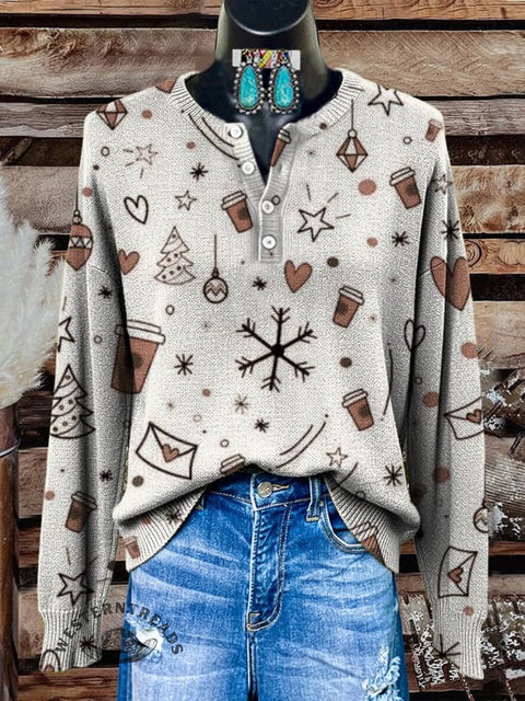 Winter Art Print Buttoned Cardigan Sweater