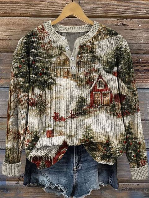 Winter Christmas Print Buttoned Cardigan Sweater