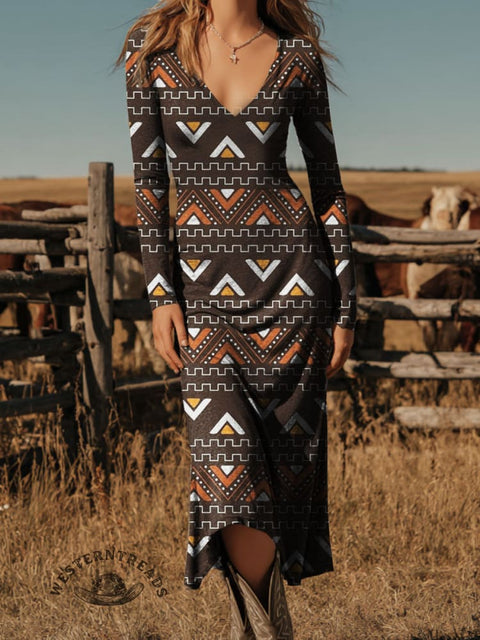 Women's Aztec Printed V-neck Slim Dress