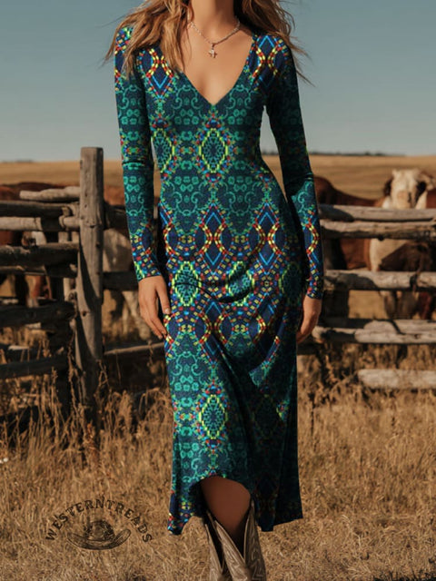 Women's Aztec Printed V-neck Slim Dress