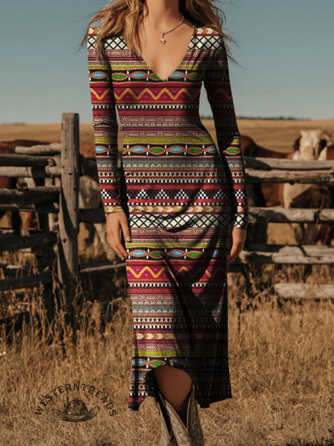 Women's Aztec Printed V-neck Slim Dress