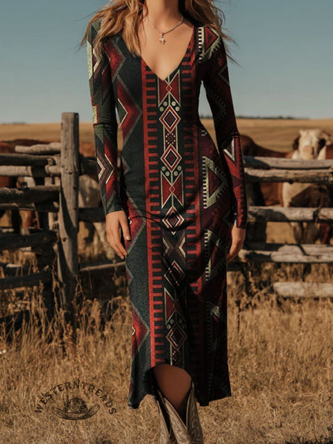 Women's Aztec Printed V-neck Slim Dress