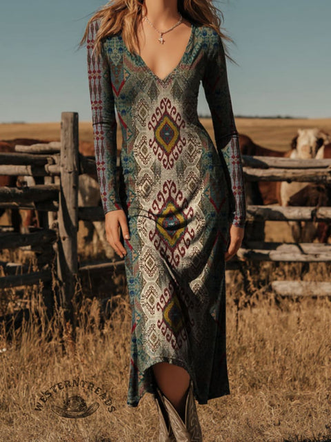 Women's Aztec Printed V-neck Slim Dress