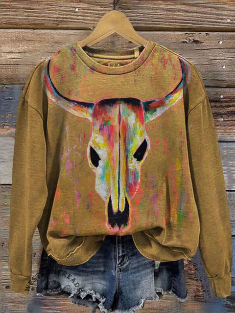 Western Bull Skull Prints Casual Cotton Sweatshirt