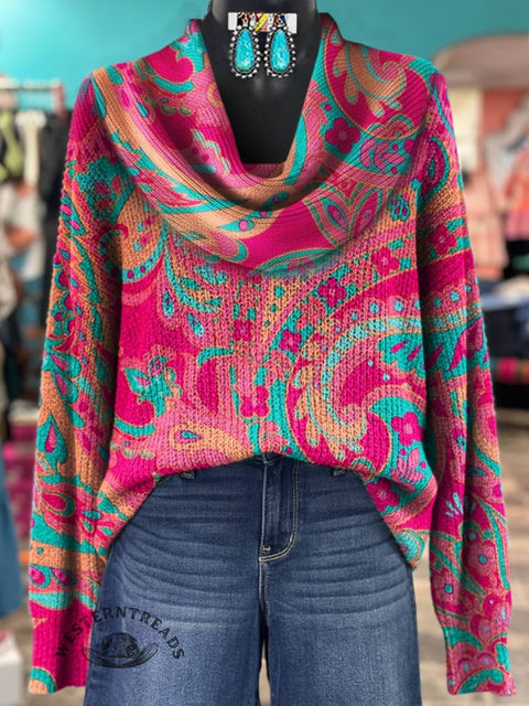 Women's Paisley Print Cowl Neck Sweater