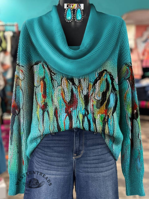 Women's Horse Print Cowl Neck Sweater