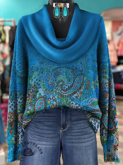 Women's Paisley Print Cowl Neck Sweater