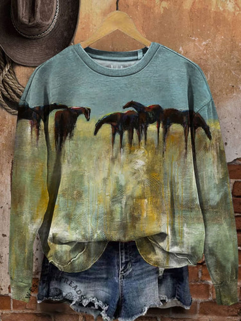 Western Horse Prints Casual Cotton Sweatshirt