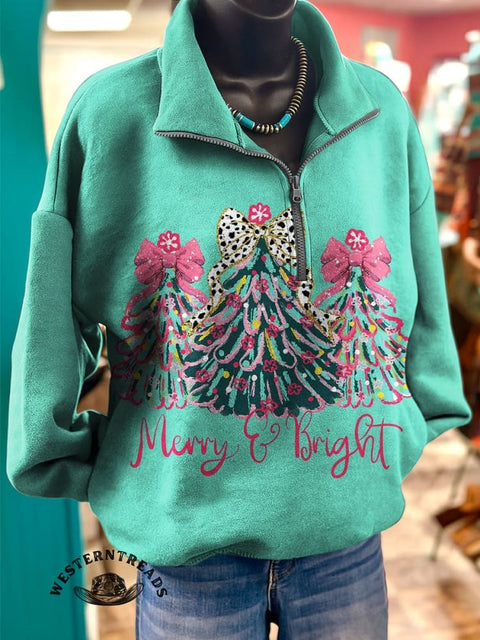 Christmas Art Print Casual Long Sleeve Zip Sweatshirt