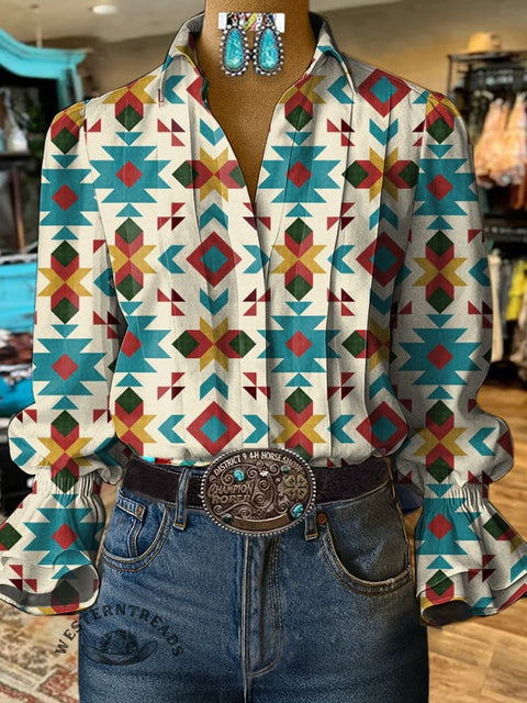 Aztec Art Print Casual Cotton And Linen Shirt