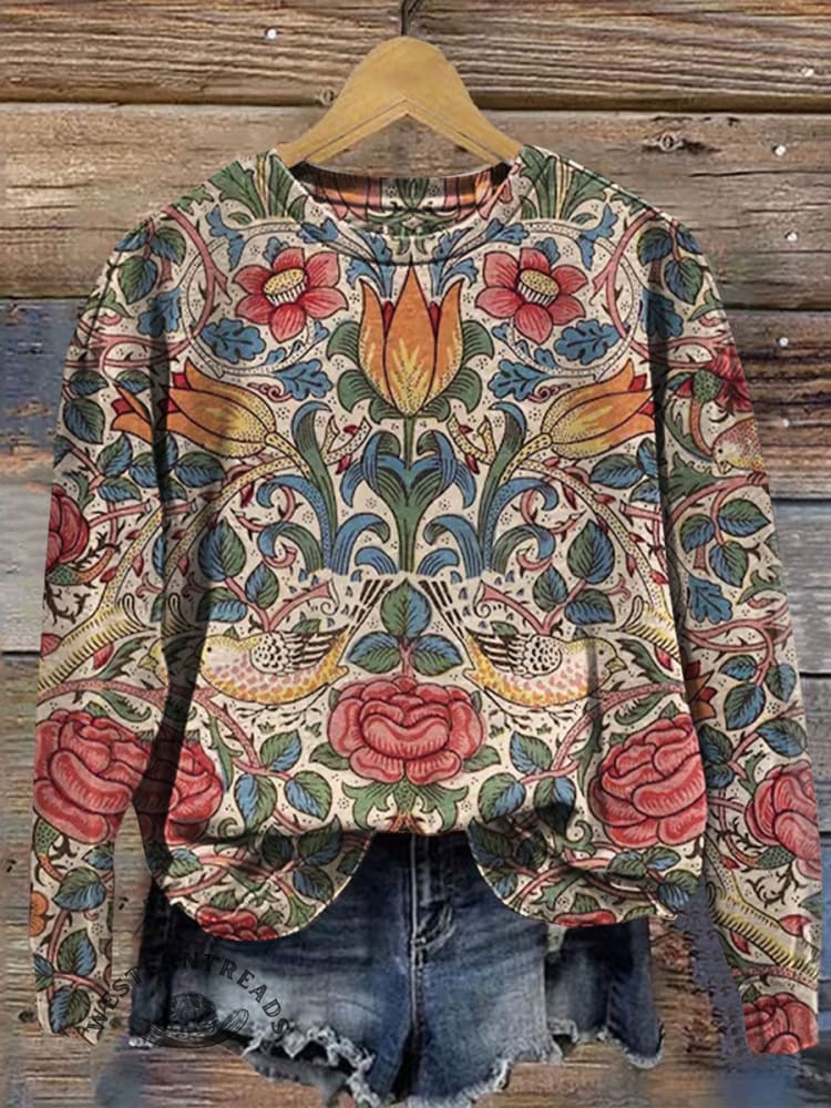 Vintage Floral Prints Casual Cotton Sweatshirt