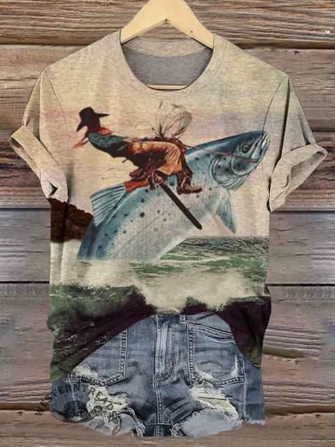 Funny Western Cowboy Art Printed Casual Short-sleeved T-shirt