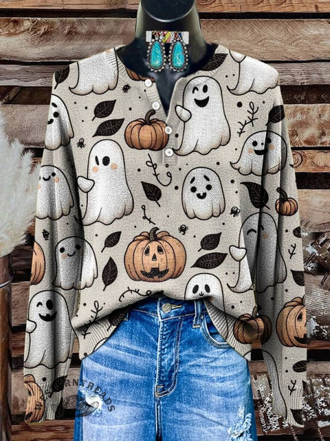 Ghost Print Buttoned Cardigan Sweater
