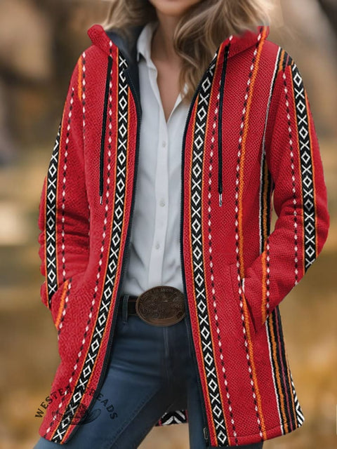 Aztec Print Unisex Plush Thick Long-Sleeved Cardigan Coat