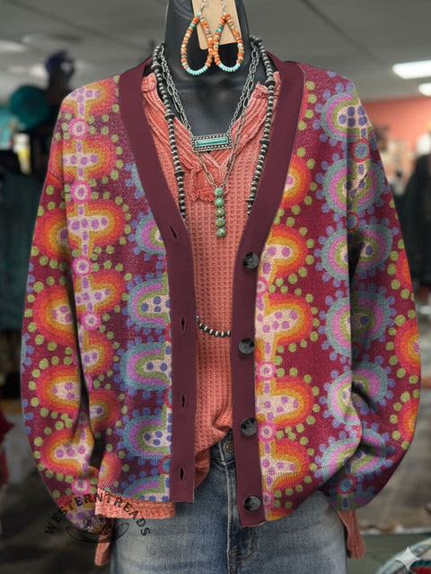 Abstract Art Print Buttoned V-neck Cardigan Sweater