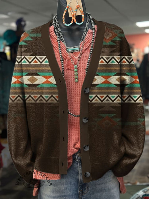 Aztec Art Print Buttoned V-neck Cardigan Sweater
