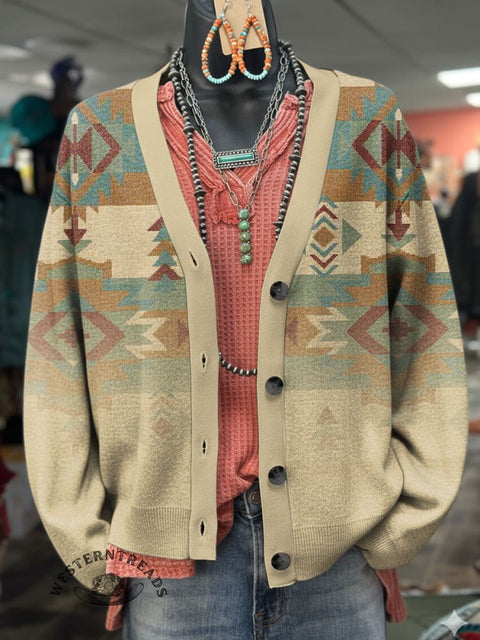 Aztec Print Buttoned V-neck Cardigan Sweater
