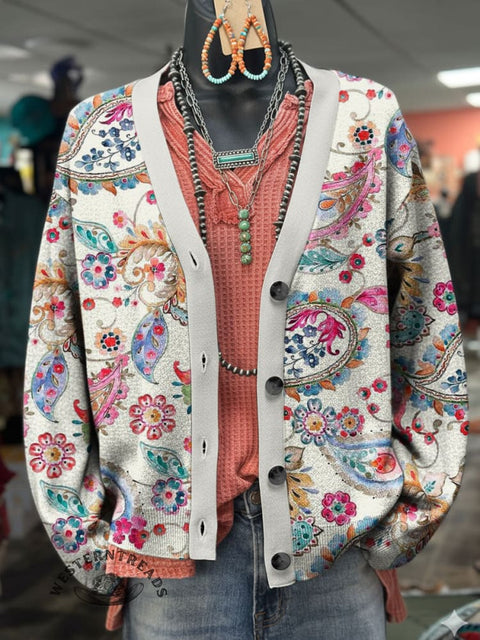 Paisley Print Buttoned V-neck Cardigan Sweater