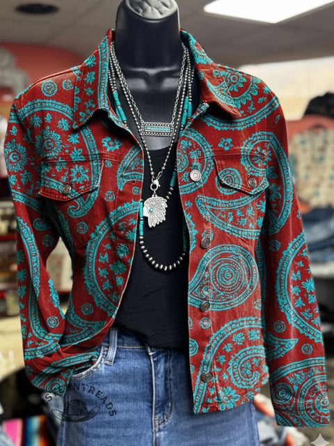 Paisley Art Print Casual Denim Jacket