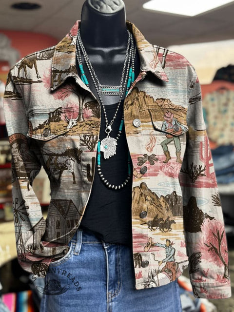 Western Art Print Casual Denim Jacket