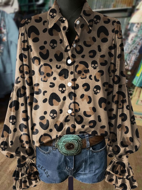 Leopard Skull Print Casual Cotton Shirt
