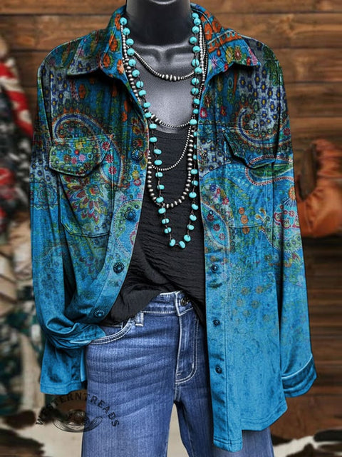 Paisley Art Print Casual Velvet Shirt