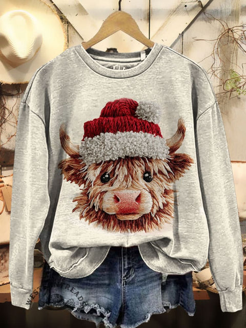 Christmas Highland Cow Prints Casual Cotton Sweatshirt