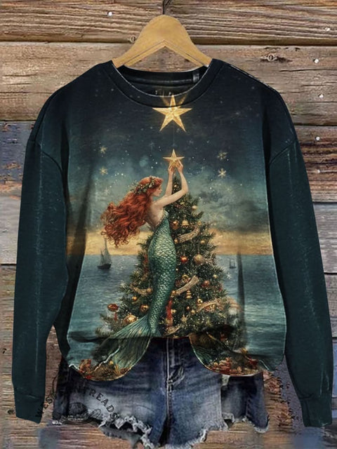 Mermaid Christmas Art Prints Casual Cotton Sweatshirt