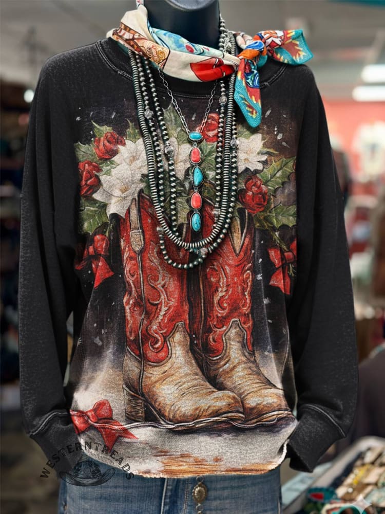 Christmas Boots Art Prints Casual Cotton Sweatshirt