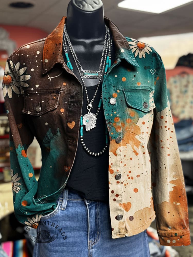 Vintage Floral Print Casual Denim Jacket
