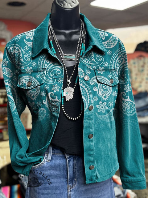 Paisley Art Print Casual Denim Jacket