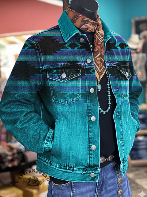 Aztec Art Print Casual Denim Jacket