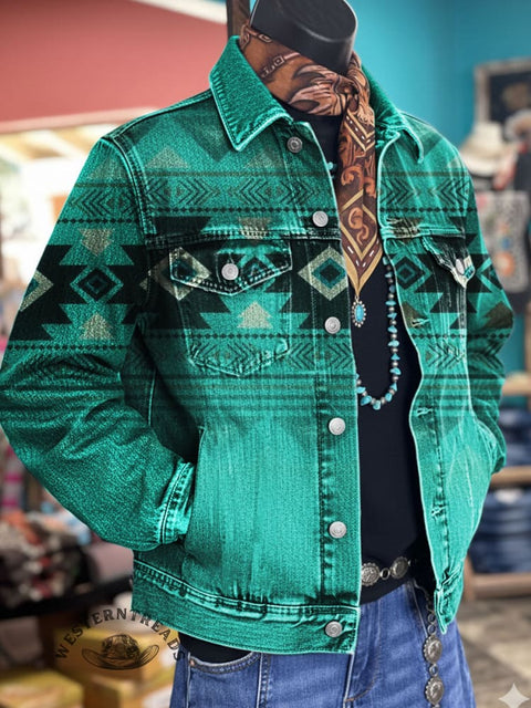 Aztec Art Print Casual Denim Jacket