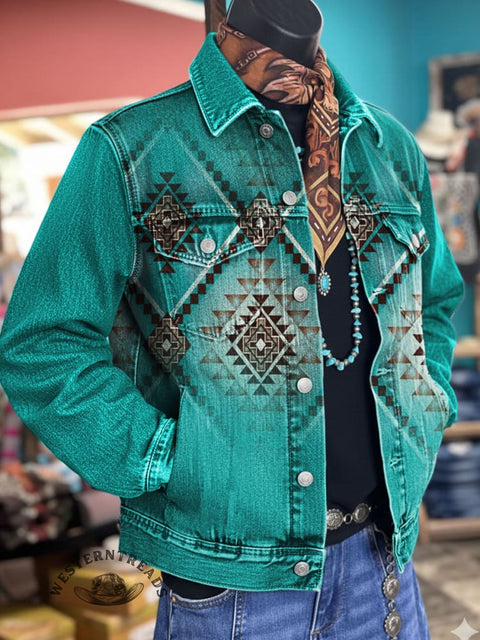 Aztec Art Print Casual Denim Jacket