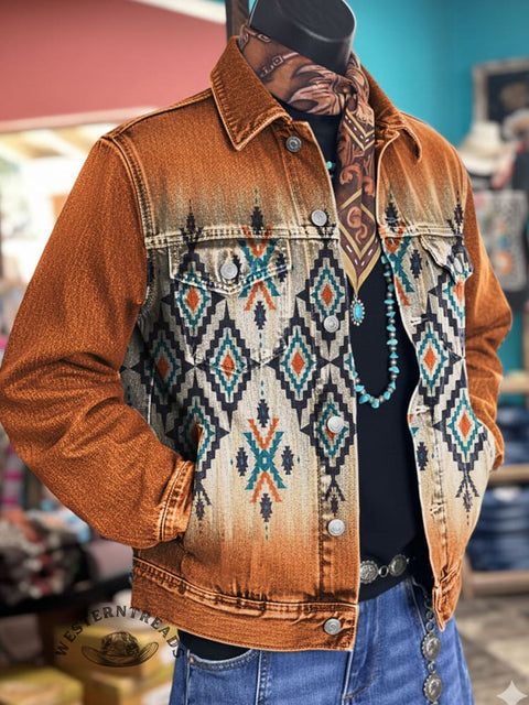 Aztec Art Print Casual Denim Jacket