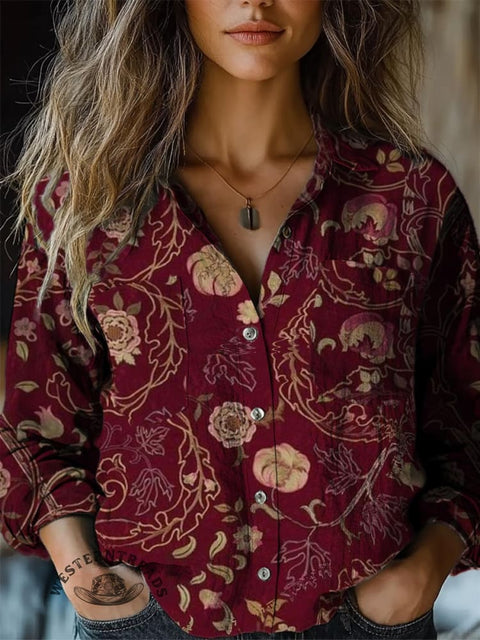 Floral Pattern Women's Print Casual Long Sleeve Comfortable Cotton Shirt