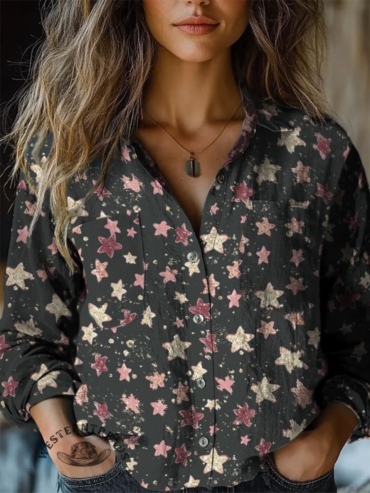 Star Pattern Women's Print Casual Long Sleeve Comfortable Cotton Shirt