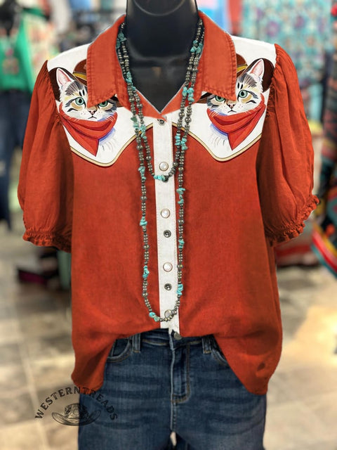 Red Western Style Women's Print Casual Cotton Shirt