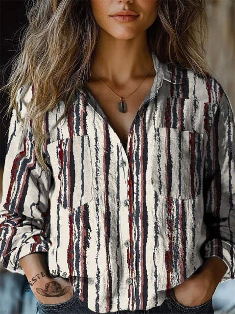 Striped Print Women's Print Casual Long Sleeve Comfortable Cotton Shirt