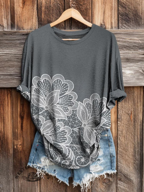 Lace Floral Pattern Women's Art Print Casual Long Sleeve T-shirt