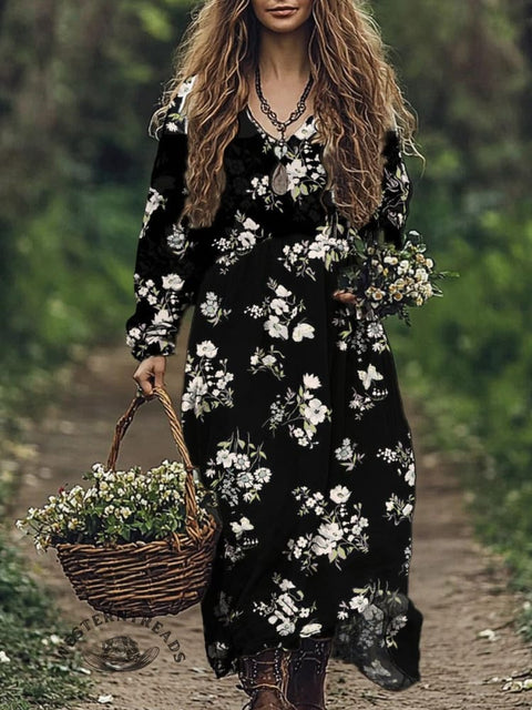 Floral Pattern Women's Print Pocket Cotton Dress