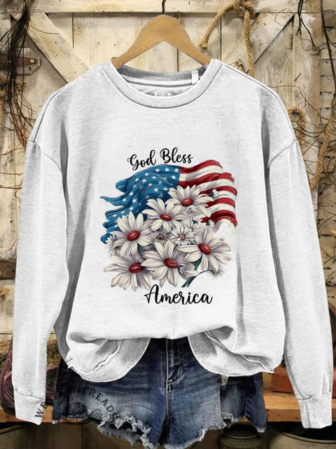 American Flag and Flowers Print Casual Cotton Sweatshirt