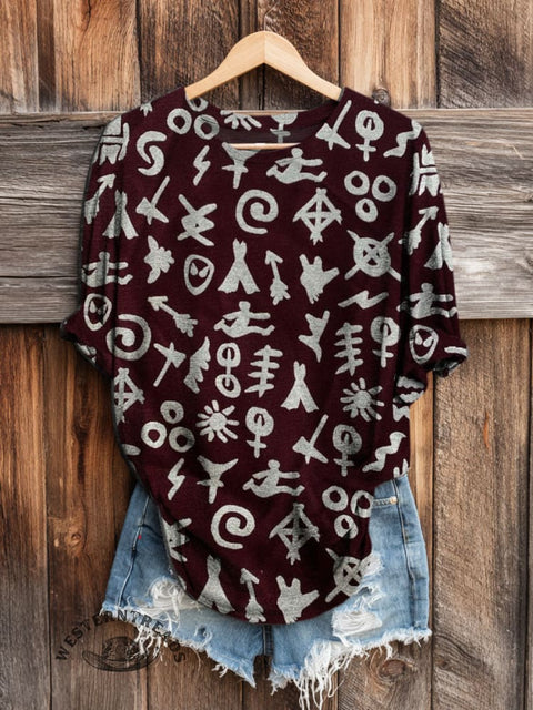 Retro Western Art Print Casual Long Sleeve T-shirt