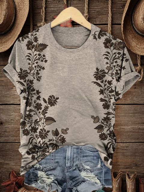 Retro Floral Print Art Print Casual T-shirt