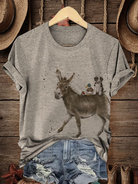 Retro Donkey Art Print Casual T-shirt