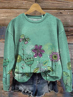Vintage Simple Floral Print Casual Cotton Sweatshirt