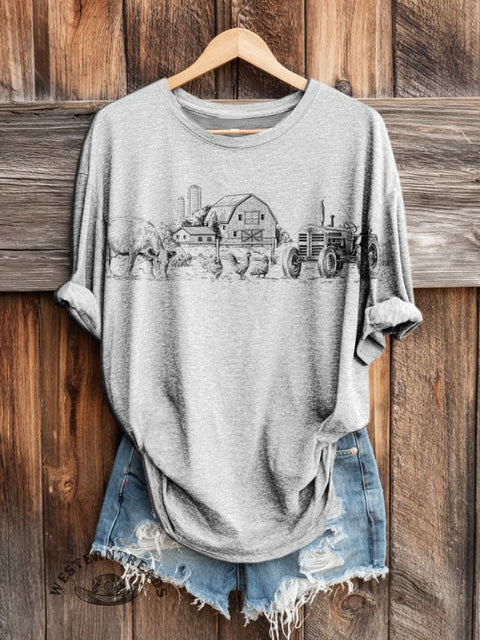 Retro Western Art Print Casual Long Sleeve T-shirt
